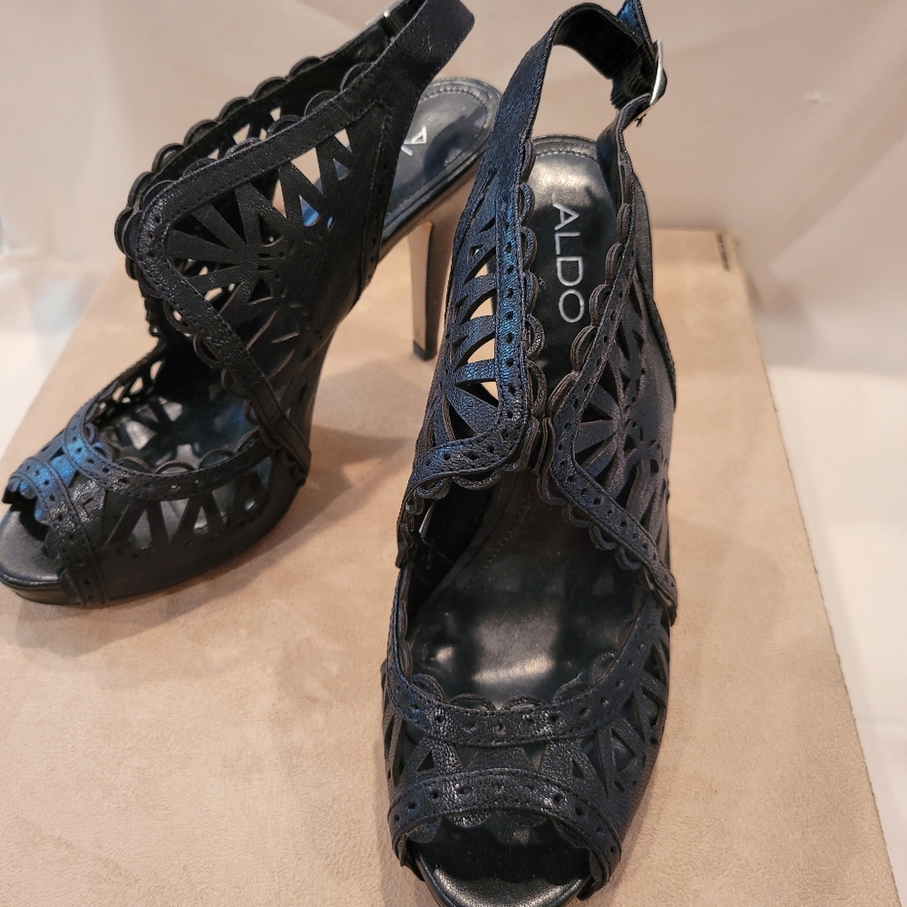 Aldo Black Leather Cut-out Heels
